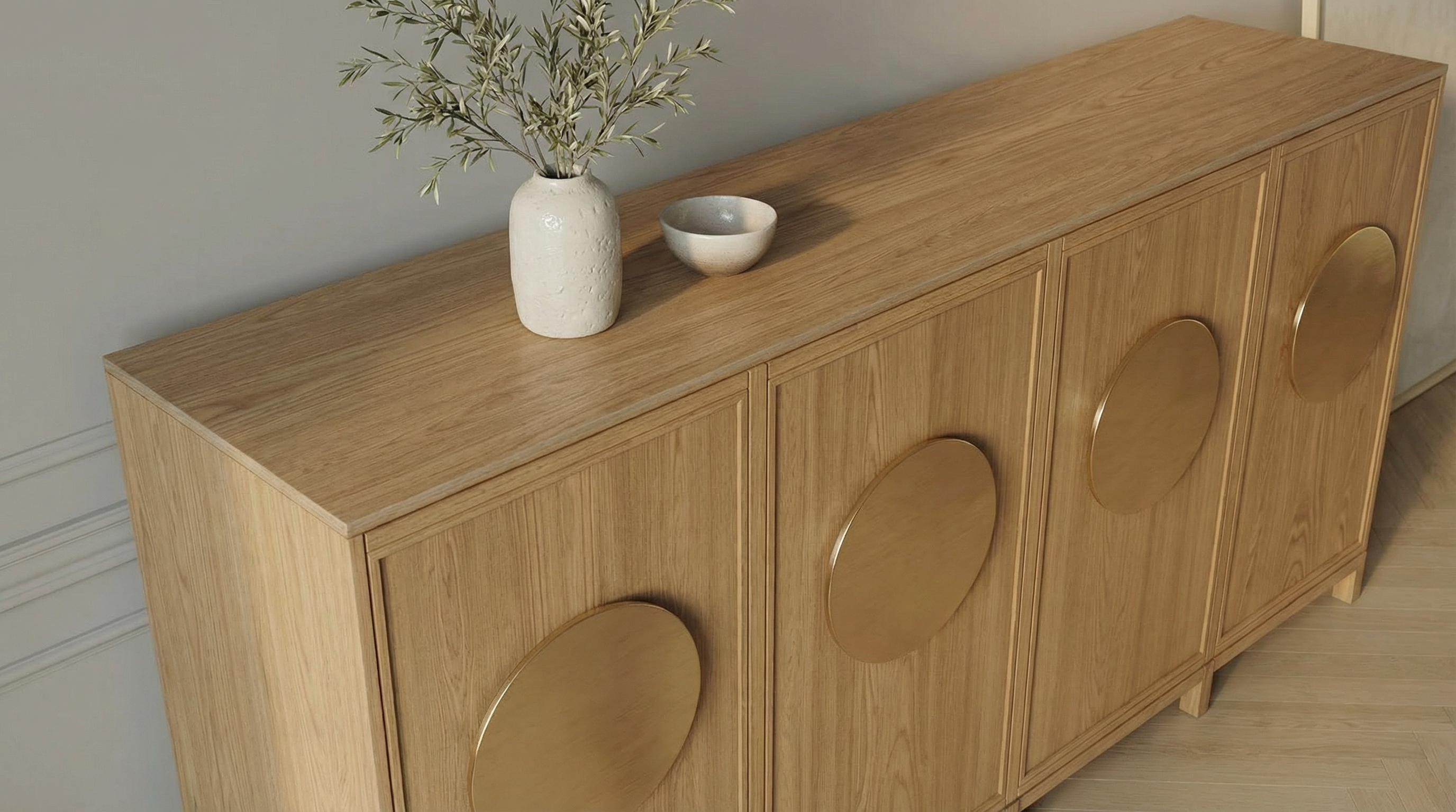 Three-quarter view of the oak sideboard showing its frame and cabinet proportions